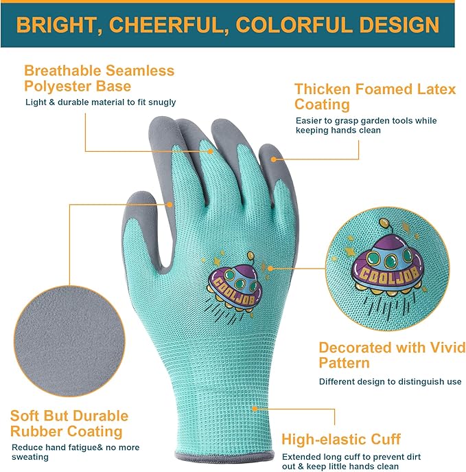 COOLJOB 3 Pairs Kids Gardening Gloves for Age 9-12, Grippy Rubber Coated Garden Work Gloves for Children, Orange & Green & Yellow, Large Size (3 Pairs L/Big Kid)