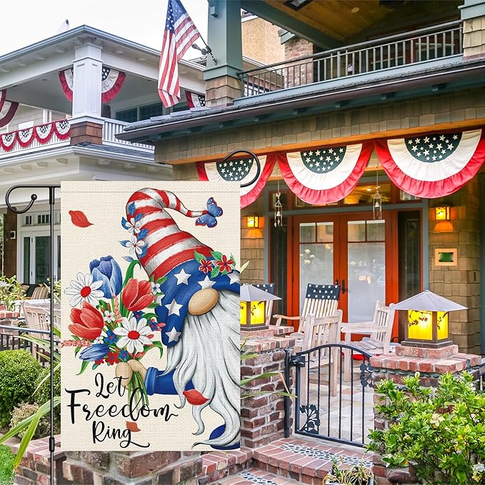 Let Freedom Ring Garden Flag 12x18 Inch Double Sided Burlap, 4th of July Gnome Garden Flags Patriotic Memorial Day Flower Yard Flag for Independence Day Outdoor Decor (ONLY FLAG)