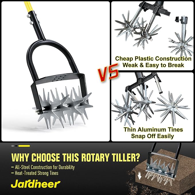 Jardineer Rotary Cultivator for Gardening, Long Handle Garden Cultivator for Soil Mixing, Reseeding, Lawn Aerating, Hand Tiller with Auxiliary Handle Suitable for Women and The Elderly