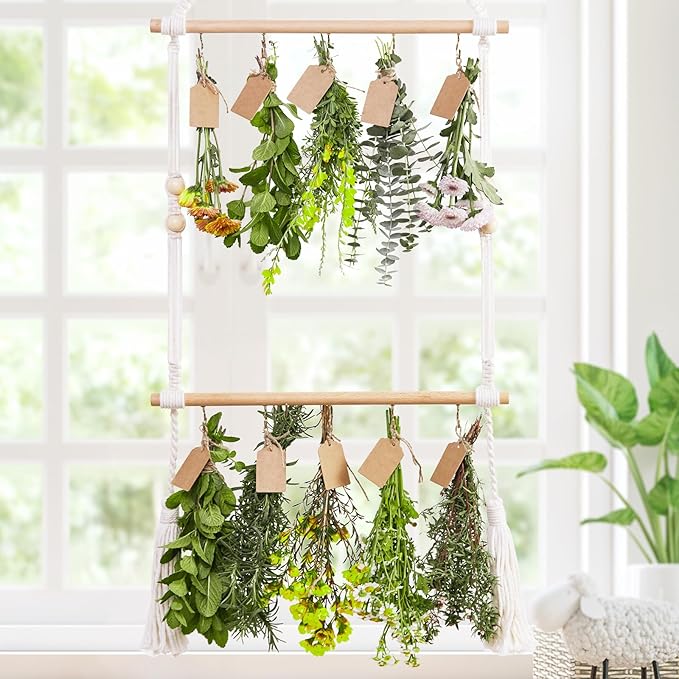 2Tier Herb Drying Rack Flower Drying with 25PCS Brown Gift Tags and 32ft Natural Jute Twine herb Dryer,Herb Drying Rack,Hanging Herb Dryer Rack, Ivory