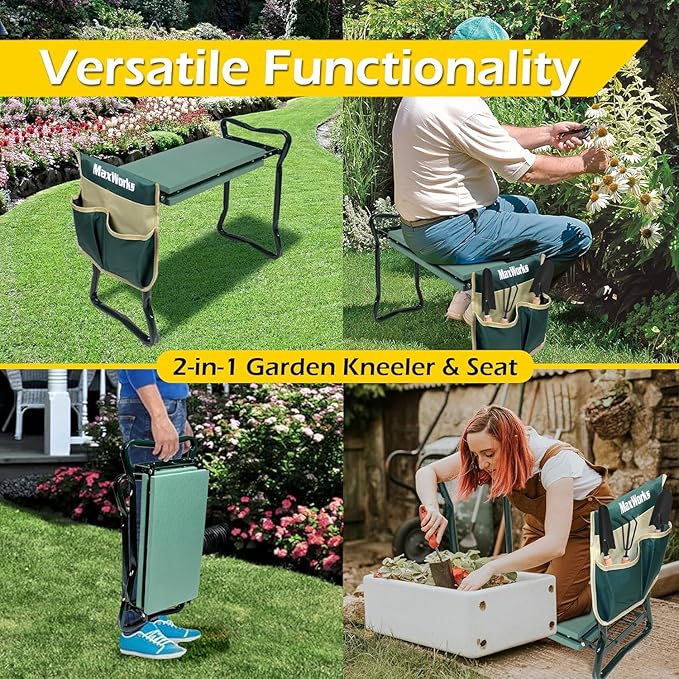 MaxWorks 51033 Folding Garden Kneeler Stool with 8 inch Wide Kneeling Pad, with 1 Tools Pouch for Planting and Gardening