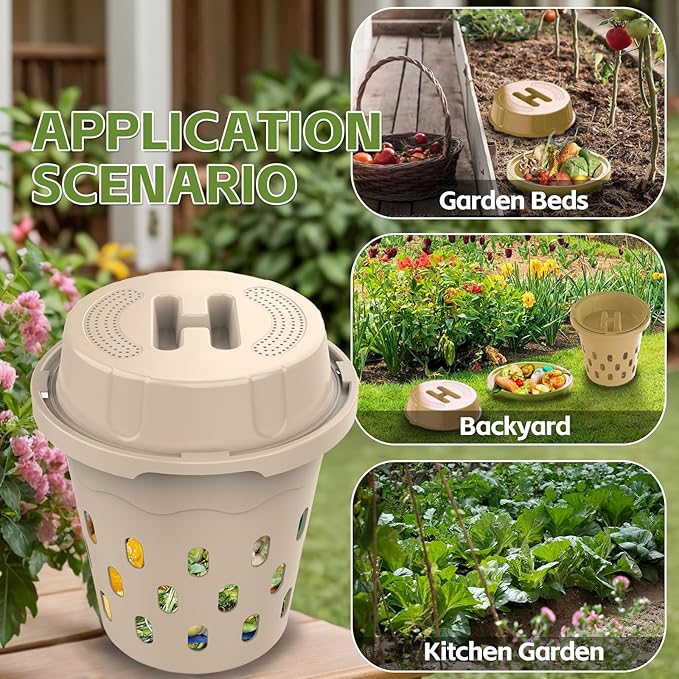 2-Pack Inground Worm Composter, Outdoor Worm Compost Bin for Garden Beds & Home Use, Vermicomposting Bin for Beginners (9.5x9.5x10.8Inch), Beige