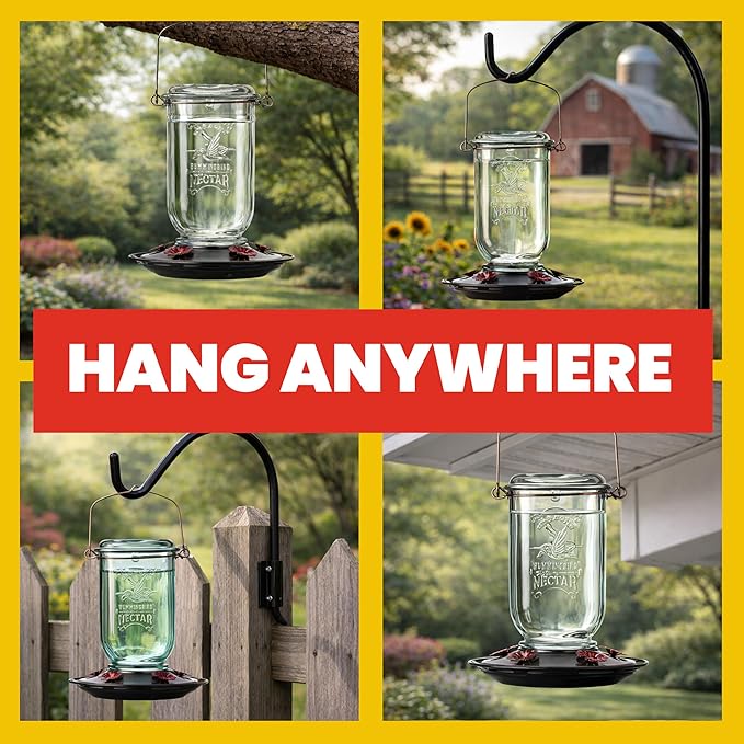 More Birds Mason Jar Hummingbird Feeder, Glass Hummingbird Feeders for Outdoors, 5 Feeding Stations, 25 Ounces