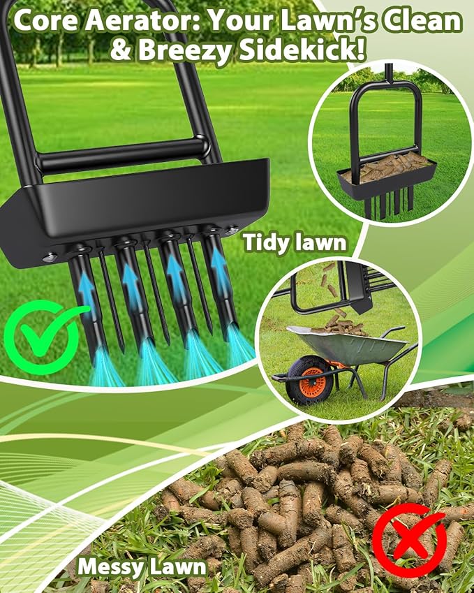 2-in-1 Manual Lawn Aerator Tool with Soil Core Storage Tray - 41.3" Heavy Duty Carbon Steel Garden Core Aerator Lawn Tool- Multifunctional Spike & Plug Aerator for Compacted Soil(Black + Orange)