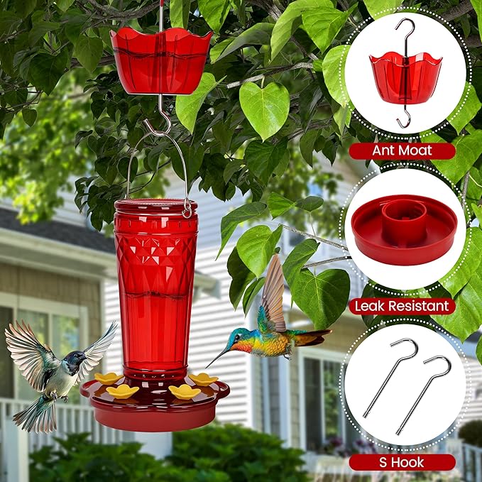 Glass Hummingbird feeders for Outdoors 2pack-14Ounces，5 Feeding Ports Hummingbird Feeder,Wide Mouth for Easy Filling/Cleaning，Hanging for Garden Backyard Decor, Includes Ant Moat (Red)