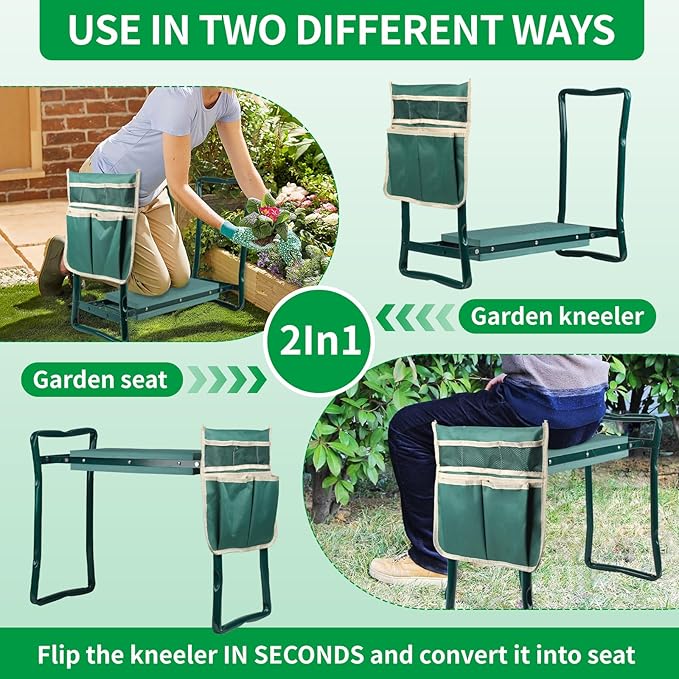 Garden Kneeler and Seat, Portable Foldable Gardening Kneeling Bench Stool with Tool Pouch and EVA Foam Kneeling Pad, Gardening Gifts for Women, Men, Gardeners, Seniors