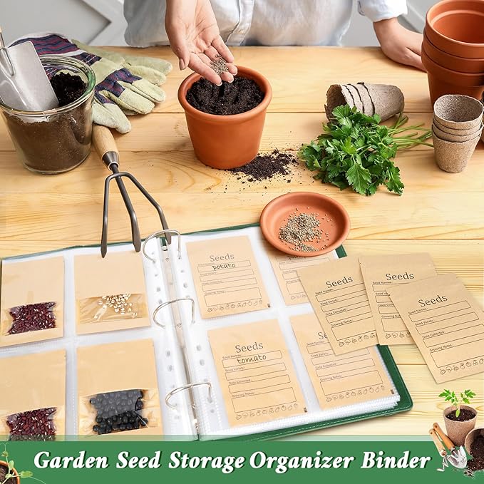 Seed Storage Organizer Binder-Garden Seed Packet Organizer with 50 Pack Seed Packet Sleeves that Stores 200 Seed Envelopes-100 Resealable Seed Saving Envelopes for Seed Storage, Seed Saver