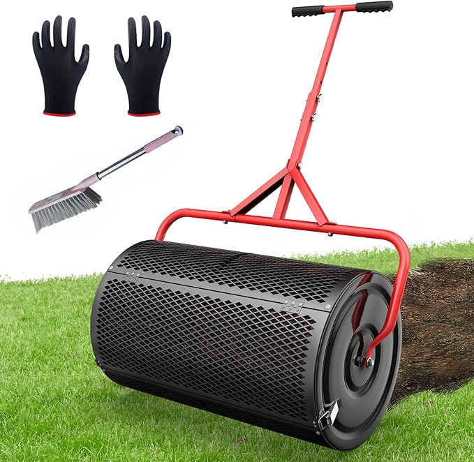 Compost Peat Moss Spreader for Lawn, 24 Inch Compost Roller Spreader with Adjustable T-Shaped Handle, Upgraded Side Clasps, Durable Lightweight Metal Roller, Lawn Garden Yard Care (Black)