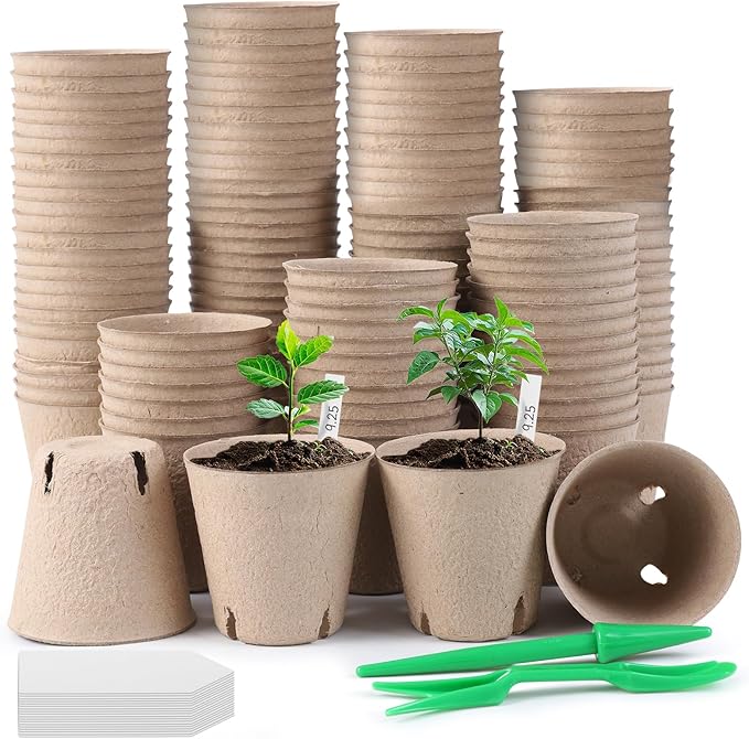100 Pack Peat Pots for Seedlings, 3.15 Inch Plant Starter Cups with Drainage Holes, Garden Germination Nursery Pots with 30 Plant Labels, 2 Transplant Tools for Herb, Vegetables, Plants
