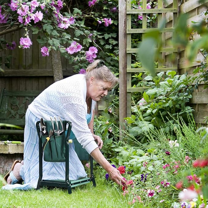 2-in-1 Garden Kneeler & Seat, Folding Seat w/EVA Foam Kneeling Pad & Removable Tools Pouch, Sturdy Steel Frame, No Assembly, Portable Heavy Duty Garden Stool for Women & Men
