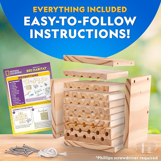 National Geographic Build a Bee Habitat Craft Kit for Kids – Paint & Build a House for Mason Bees, Outdoor Arts & Crafts, Nature Learning Activity, DIY Pollinator Garden Craft, Solitary Bee Hotel