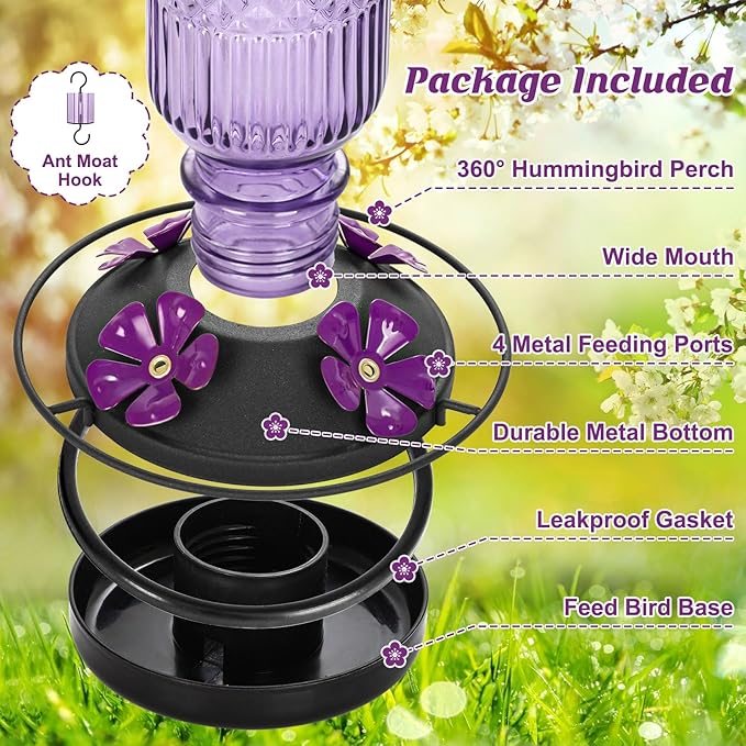 FEED GARDEN Glass Hummingbird Feeder for Outdoors Hanging, 16 OZ Humming Bird Feeders with 4 Bee Guard Feeding Ports&Built-in Ant Moat, Hummingbird Gifts for Mom Bird Feeder for Outside, Purple,1 Pack
