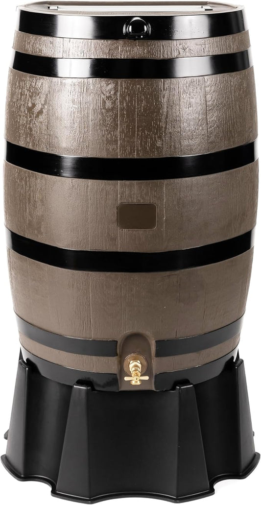 RTS Home Accents 50-Gallon Rain Barrel, Flat Back Rain Water Collection Barrel, Stand Included, Woodgrain with Black Stripes
