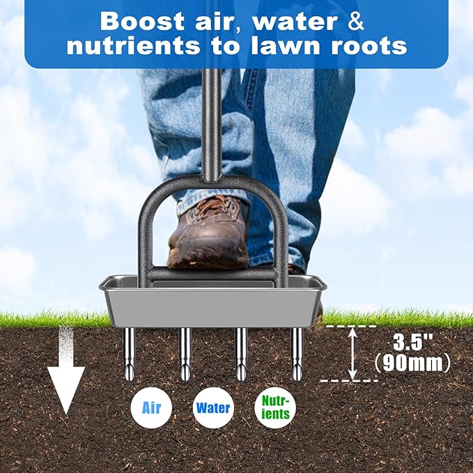 Lawn Coring Aerator Tool, Stainless Steel 4-Core Manual Plug Aerator for Yard & Lawn Aeration, Durable Aeration Tool with Soft Rubber Grip for Compacted Soil & Grass Care