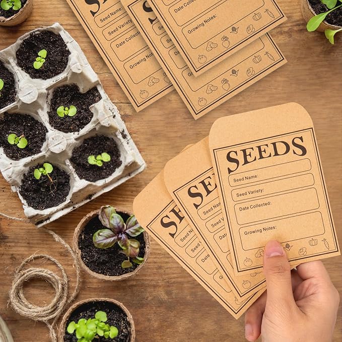 150pcs Seed Saving Envelopes, 4.7x3.1 Inch Reusable Seed Kraft Storage Organizer Packets Envelopes Printed with Types Name Template for Flower Vegetable Plants Garden Seeds Saving & Collecting