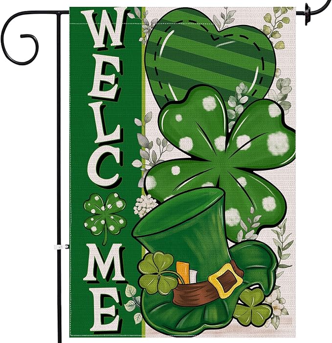 St Patricks Day Garden Flag, St Patricks Day Outdoor Decor Shamrock Clovers Yard Flag 12x18 Double Sided Green, St Patricks Day Decorations Burlap Garden Flags Rustic Welcome Outdoor Farmhouse