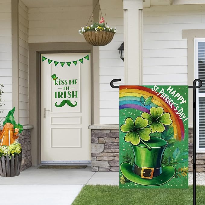 Happy St Patricks Day Garden Flag 12x18 Inch, Green Hat with Four-leaf Clover Double Sided Flag for Yard Outdoor Decoration