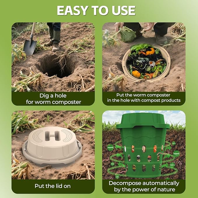 2-Pack Inground Worm Composter, 8L Outdoor Worm Farm, Worm Compost Bin for Garden Beds & Home Use, Vermicomposting Bin for Recycling Food Waste (9.5x9.5x10.8Inch), Beige