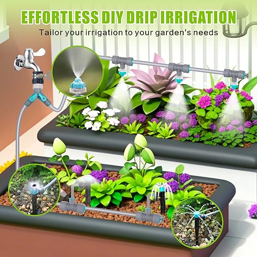 Drip Irrigation System Kit 230FT - Automatic Watering System with Quick Connector, Complete Water Irrigation System for Garden Lawn with 12mm 6mm Irrigation Tubing Adjustable Emitters