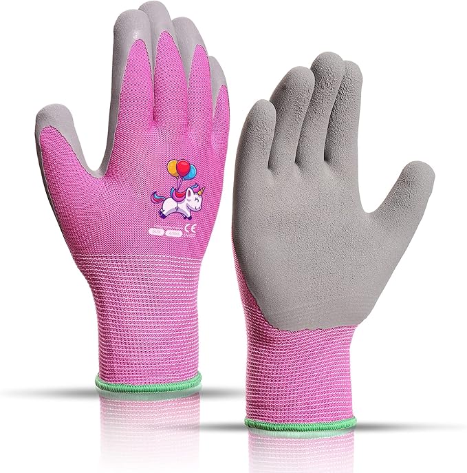 Ages 8-10 Kids Gardening Gloves,Yard Work Gloves for Toddlers, Youth, Girls, Boys, Childrens, Soft Safety Rubber Gloves (XS Age 8-10, 1 Pair Pink Unicorn)