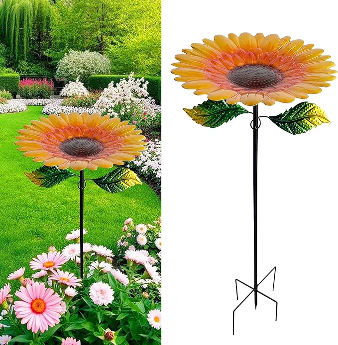 Yellow Standing Bee & Butterfly Watering Station - Outdoor Bee Feeder with Glass Marbles, Metal Stakes | Bee Bath, Butterfly Puddler for Garden Yard Decor