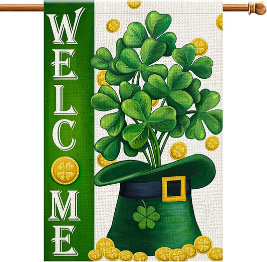Welcome St Patricks Day House Flags Burlap 28x48 Double Sided, Green Hat Lucky Shamrocks Gold Coin Holiday Party Sign Large Flag Yard Outdoor Decor DF658-28