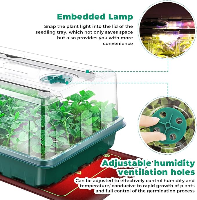 Seed Starter Tray, Seed Starter Kit with Grow Lights and Heat Mat, 48-Cell Seed Growing Tray, Seed Starting Trays Plant Starter Kit and Base, Indoor Gardening Plant Germination Trays
