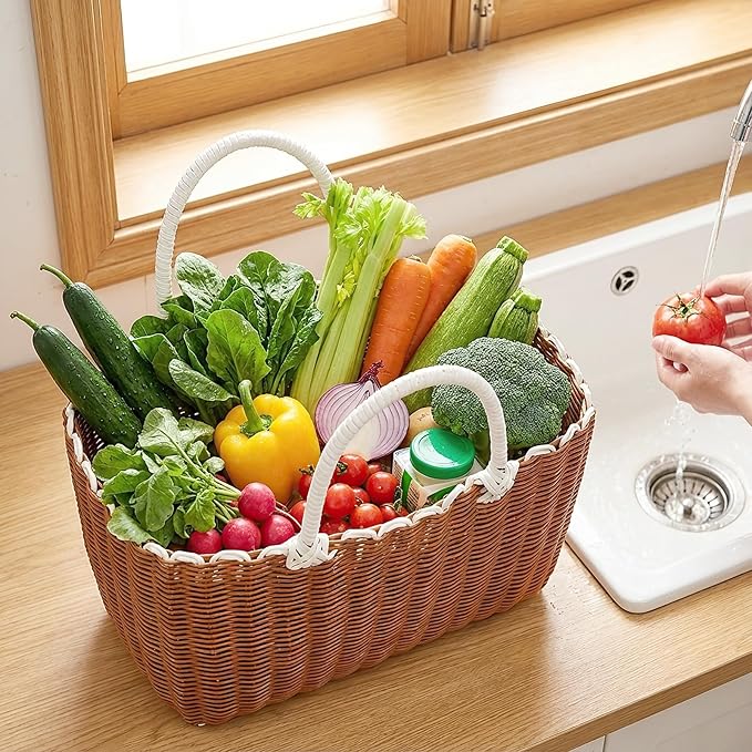 Poly Wicker Shopping Basket, Large Plastic Market Tote with Handles, Open Top Harvest Picnic Grocery Gift Basket, Woven Garden Bag for Gathering Vegetables Fruits, Foraging, Wedding, Party