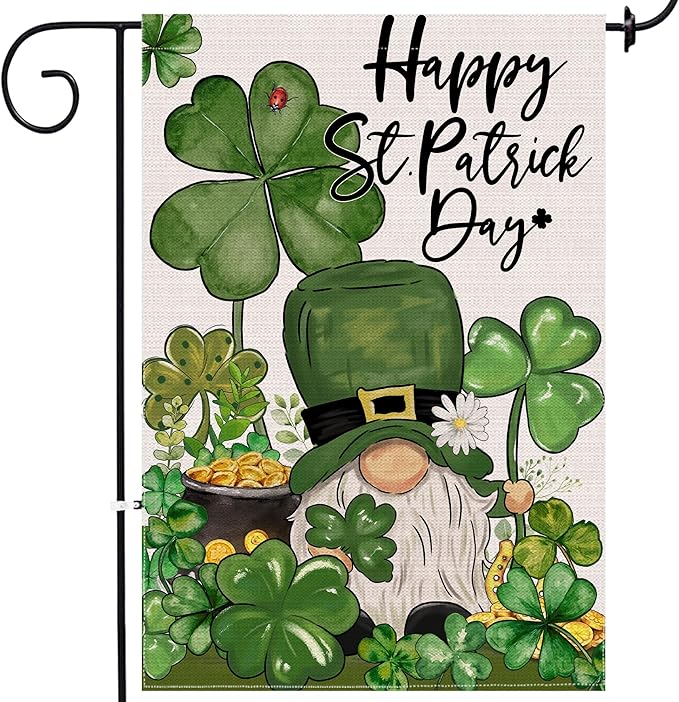St Patricks Day Garden Flag 12x18 Inch Double Sided Outside, Shamrocks Clovers Gnome with Coin Pot Flag Burlap Happy St Patricks Day Decorations Outdoor Yard Decor