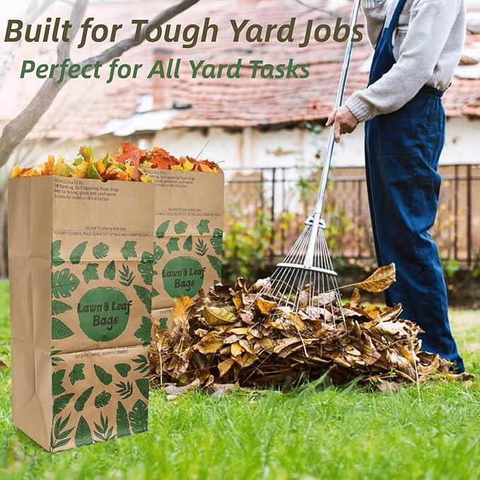 YOUEON 10 Pack 30 Gallon Leaf Bags Brown Paper, 2-Ply Heavy Duty Lawn and Refuse Bags, Yard Waste Bags for Home, Garden, Yard, Self Standing and Tear Resistant