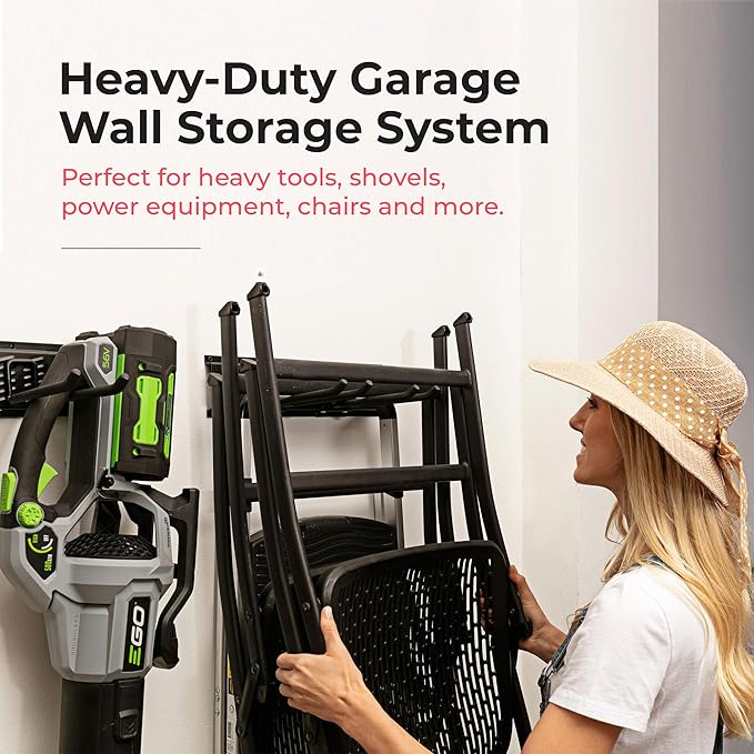 TIDYME Garage Tool Organizer Wall Mount | 64-Inch Garage Wall Organizer & Folding Chair Rack | Heavy-Duty Tool Hanger System | 12-Piece Kit with 4 Steel Rails & 8 Adjustable Hooks | 400 lbs Capacity