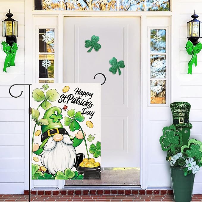 Artofy Happy St Patricks Day Gnome Small Decorative Garden Flag, Pot of Gold Lucky Shamrock Clover Yard Lawn Outside Decor, Irish Spring Burlap Outdoor Home Decoration Double Sided 12 x 18