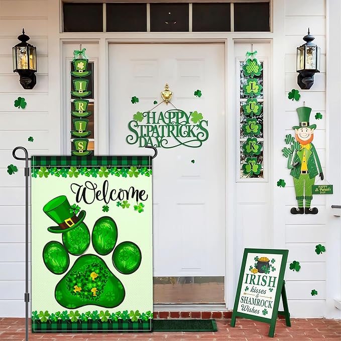 Welcome St Patricks Day Garden Flag Shamrock Irish Dog Paw Garden Flag Happy St Patrick's Day Yard Garden Flags for Outside 12×18 Inch Double Sided Outdoor House Holiday Decorations