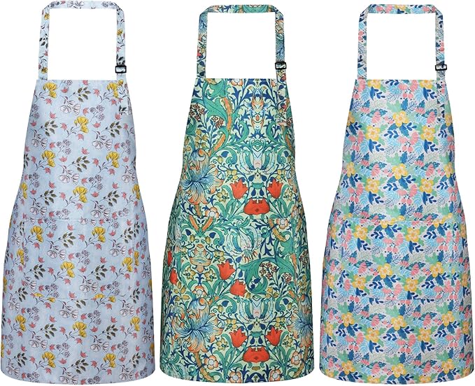 3 Pack Waterproof Floral Aprons for Women, Adjustable Strap Apronwith Pocket Multi-Use for Kitchen, Art, Garden