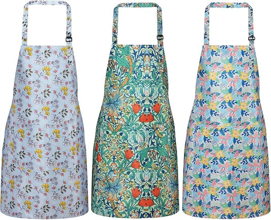 3 Pack Waterproof Floral Aprons for Women, Adjustable Strap Apronwith Pocket Multi-Use for Kitchen, Art, Garden