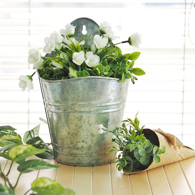 Hosley Set of 2 Galvanized Wall Hanging Planter 10 Inch High, Ideal Gift for Floral Arrangement, Wedding, Home Décor, Office Party DIY Indoor Outdoor Garden Patio