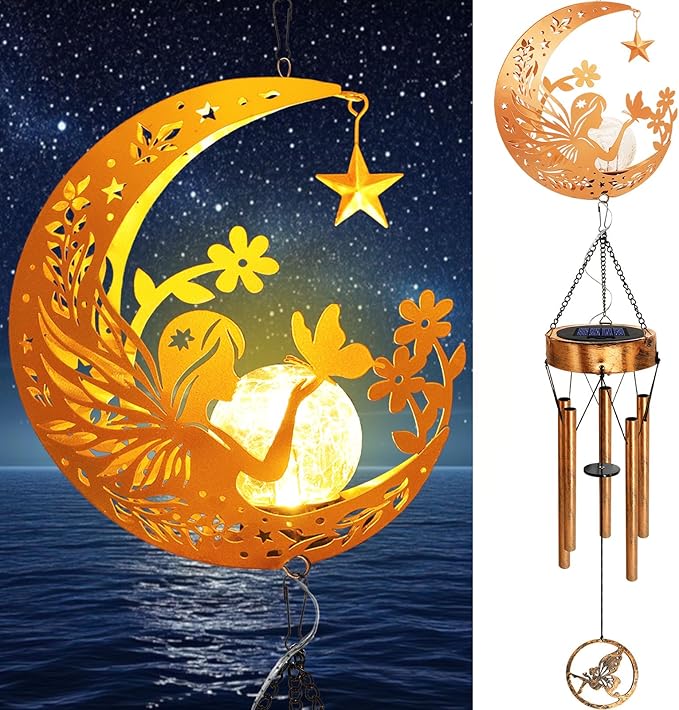 Solar Moon Fairy Wind Chimes, Moon Gifts for Mom Women Men Sympathy Festival Birthday Mothers Day, Hanging Outdoor Decor Cracked Glass Ball Memorial Large Wind Chimes for Garden Patio Porch