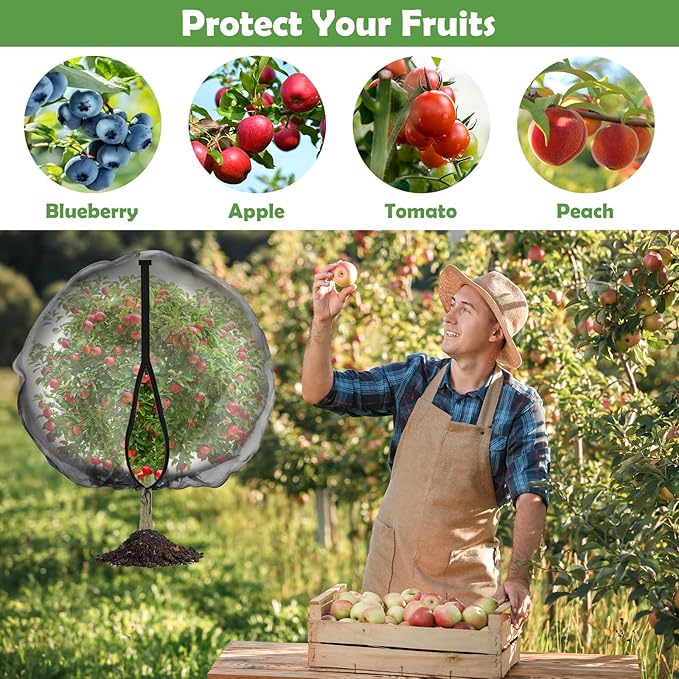 2 Pack Fruit Tree Netting with Zipper and Drawstring, 6.6 x 8.2 Ft Bird Mesh Net Barrier Blueberry Netting for Bushes, Garden Plant Protection Net Cover for Apple Trees Vegetables Fruits
