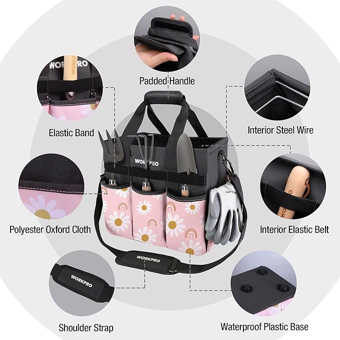 WORKPRO Garden Tool Bag Organizer, Heavy Duty Gardening Tote Bag with 10 Pockets and Long Adjustable Shoulder Strap, Standable Garden Home Tool Kits Organizer, Floral Pink (Tools are not included)