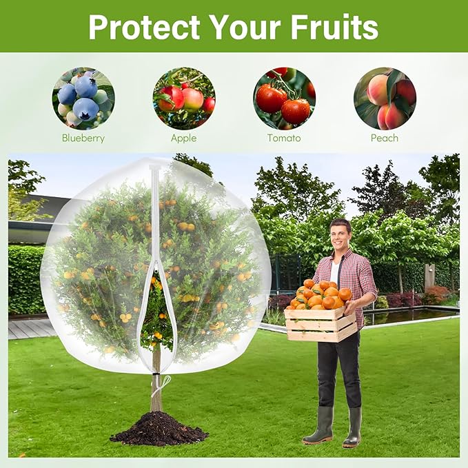 2 Pack Fruit Tree Netting Cover with Zipper and Drawstring, 6.6 x 6.6 Ft Bird Mesh Netting Barrier for Blueberry Bushes, Garden Plant Net Tree Protection Netting Cover for Apple Vegetables Fruits