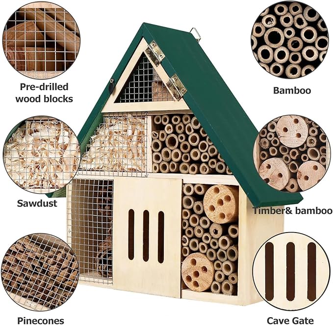 Bee House Hanging Insect Hotel – Natural Wooden Bee Hotel for Outdoors, DIY Insect Shelter for Garden, Yard, or Balcony – Attracts Pollinators Like Bees, Butterflies & Ladybugs