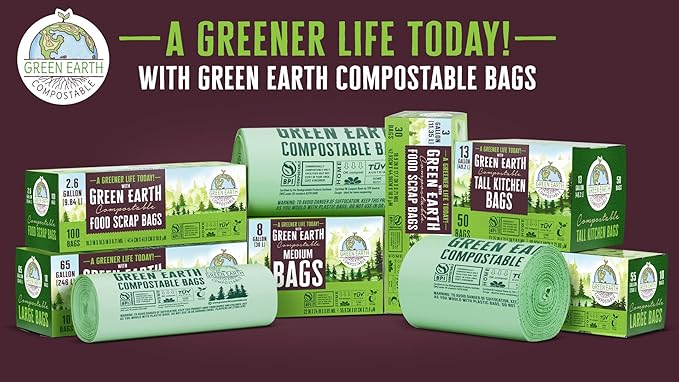 Green Earth Compostable Tall Kitchen Food Scrap Trash Bags, Superior Strength 0.9 Mil, Compost Bin Compatible, 13 Gallon, 49 Liter, 50-Count, ASTM D6400, BPI (US) & OK Compost Home (EU) Certified