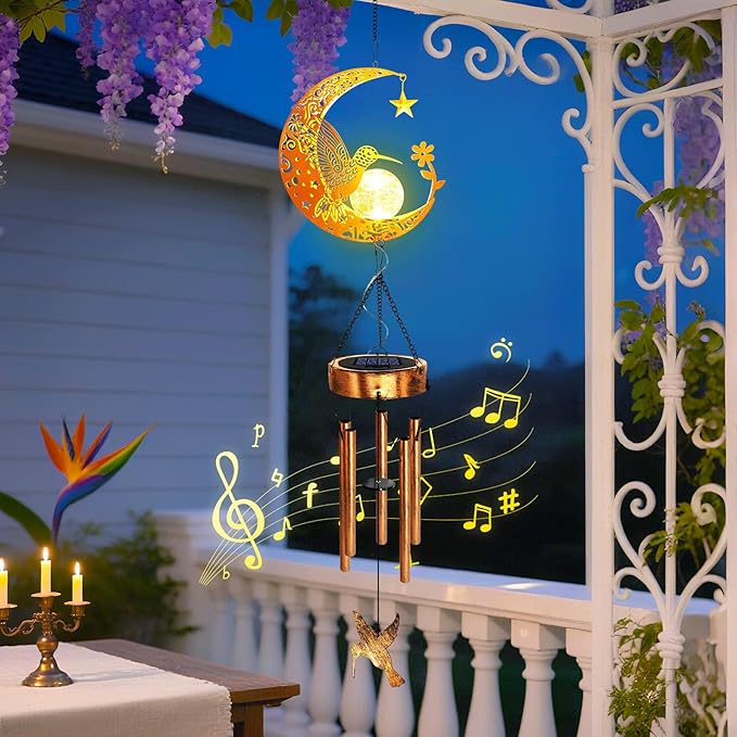 Solar Moon Hummingbird Wind Chimes, Hummingbird Gifts for Mom Women Men Birthday Mothers Day, Hanging Outdoor Decor Cracked Glass Ball Memorial Wind Chimes, Garden Patio Porch Decor