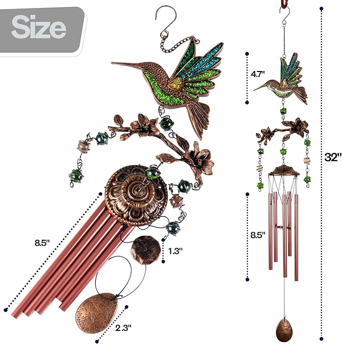 Wind Chimes for Outside, Wind Chimes Outdoor Clearance, Soothing Tones, Hummingbird Wind Chime, Memorial, Sympathy Gift, Patio, Porch, Home Décor, Modern, Art Décor, Bronze (32" Hummingbird)