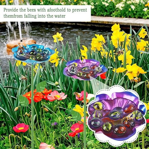 2 Pack Bee Watering Station, Metal Bee Feeder with Glass Marbles, Flower Shape Bee Butterfly Watering Station Bee Waterer Bee Water Catcher Cups for Outdoor Garden Courtyard Decor