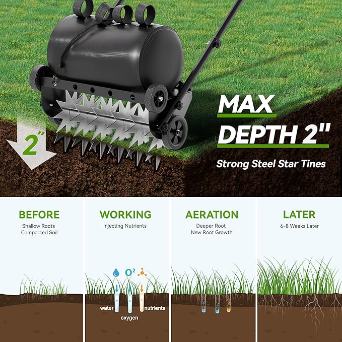 22.5-Inch Lawn Aerator with Weight Bag, Heavy Duty Push Spike Aerator with 4 Wheels, Aerator Lawn Tool with 42.2" Steel Handle, Manual Aerator Lawn Tool with Foam Armrests, for Lawn, Garden and Yard