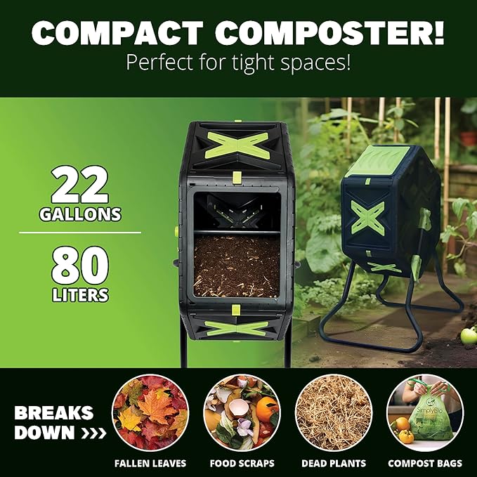 Simply Bio 21 Gallon Outdoor Compost Tumbler Bin – BPA-Free, Rotating Composting Bin for Garden, Yard, and Kitchen Waste, Fast Soil Creation, Weather-Resistant Outdoor Composter