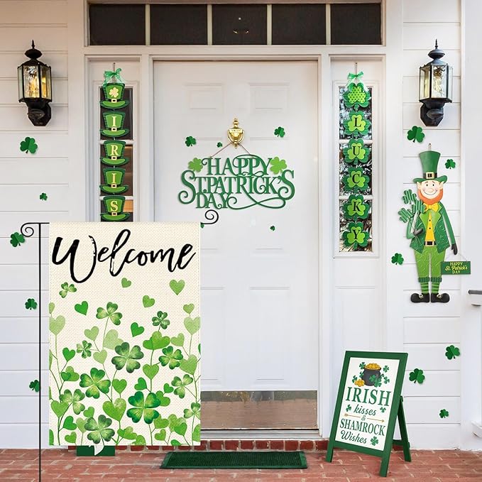 AVOIN colorlife St Patricks Day Welcome Garden Flag 12x18 Inch Double Sided Outside, Shamrocks Clovers Floral Yard Outdoor Decoration