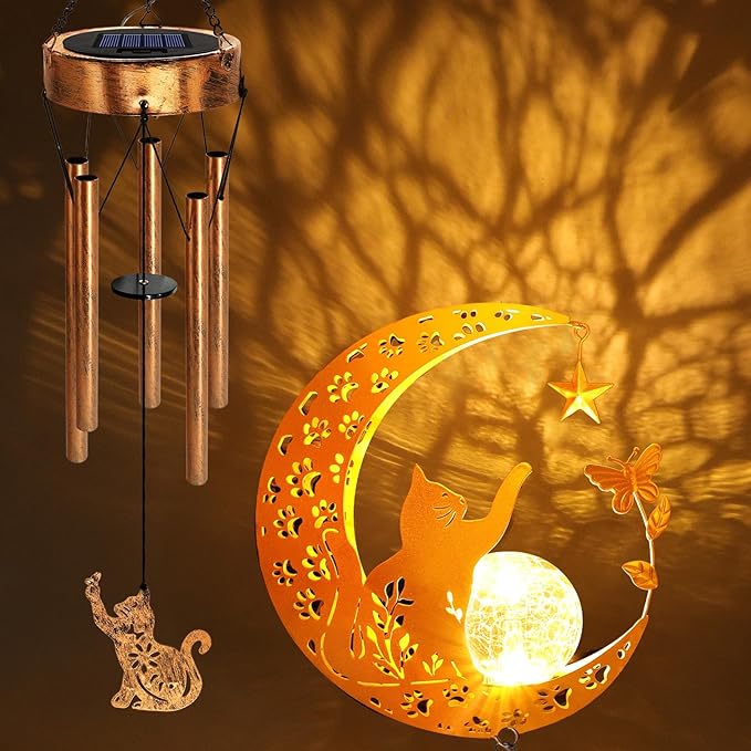Solar Moon Cat Wind Chimes, Cat Lover Gifts for Mom Women Men Birthday Mothers Day, Hanging Outdoor Decor Cracked Glass Ball Memorial Large Wind Chimes, Decorations for Garden Yard Patio Porch