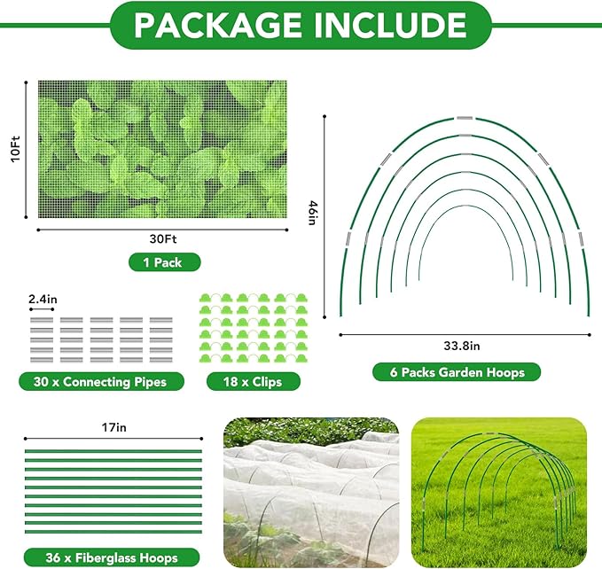 Garden Netting Kit for Raised Beds, 10x30FT Ultra Fine Mesh Netting ＆6 Sets Fiberglass Garden Hoops, Insect Netting for Garden Plant Row Cover Vegetable Flowers Protection Barrier